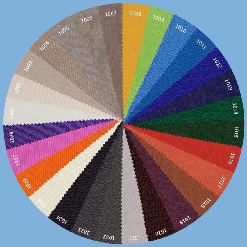 BajaMate 2026 custom umbrella color swatch chart showing pool and patio canopy fabric color options for in-pool umbrellas, sun shelf umbrellas, and outdoor pool umbrellas