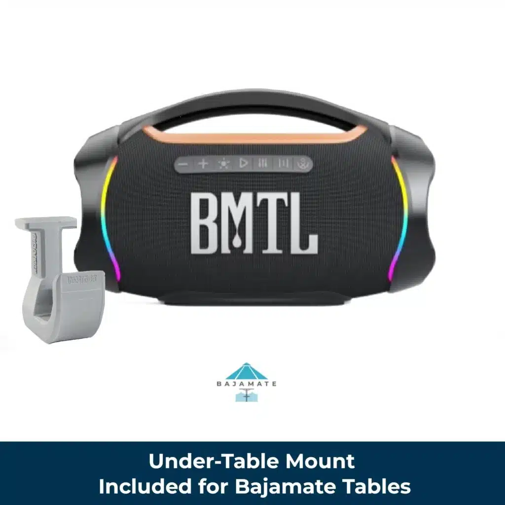 BMTL II 120w portable pool Bluetooth speaker mounted on a Bajamate under-table bracket—shows the included hook that attaches to the BajaMate table and supports the speaker by its handle.