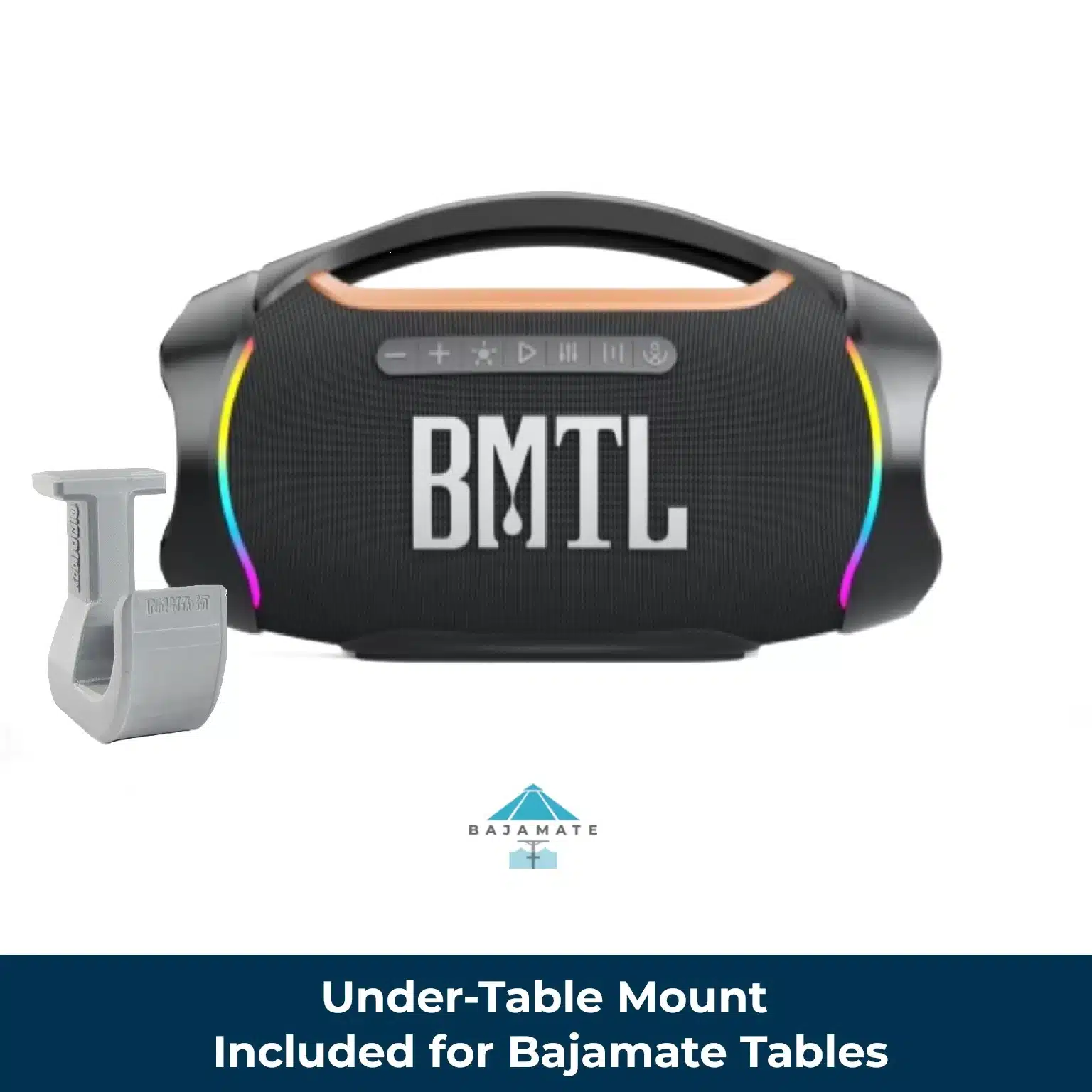 BMTL II 120w portable pool Bluetooth speaker mounted on a Bajamate under-table bracket—shows the included hook that attaches to the BajaMate table and supports the speaker by its handle.