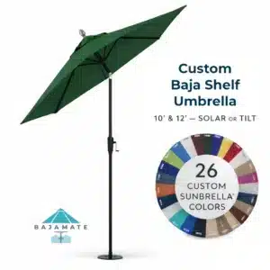 Custom Baja shelf umbrella in forest green Sunbrella fabric by BajaMate — 10 ft or 12 ft in-pool umbrella with solar or tilt option and 26 custom canopy colors