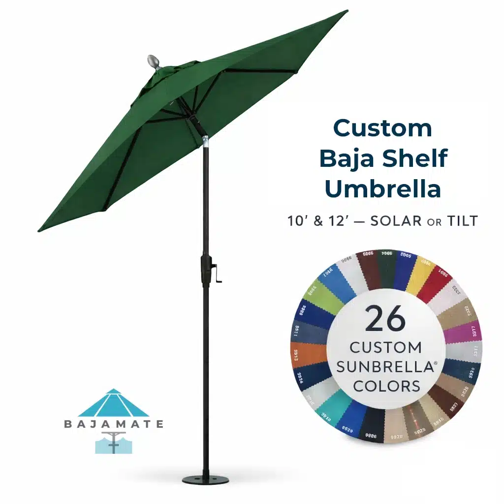 Custom Baja shelf umbrella in forest green Sunbrella fabric by BajaMate — 10 ft or 12 ft in-pool umbrella with solar or tilt option and 26 custom canopy colors