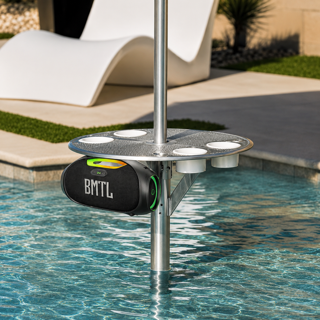 BajaMate poolside entertainment setup with mounted Bluetooth speaker under an in-pool umbrella table on a Baja shelf