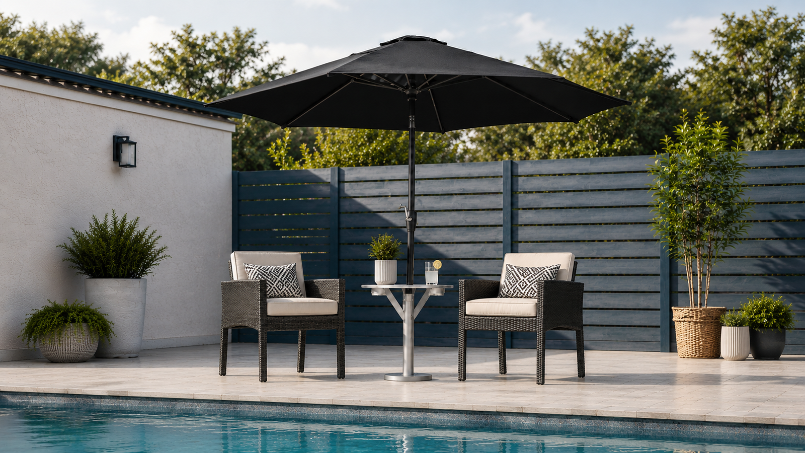 Modern poolside patio with a black umbrella, centered BajaMate table, and two matching outdoor chairs beside a swimming pool.