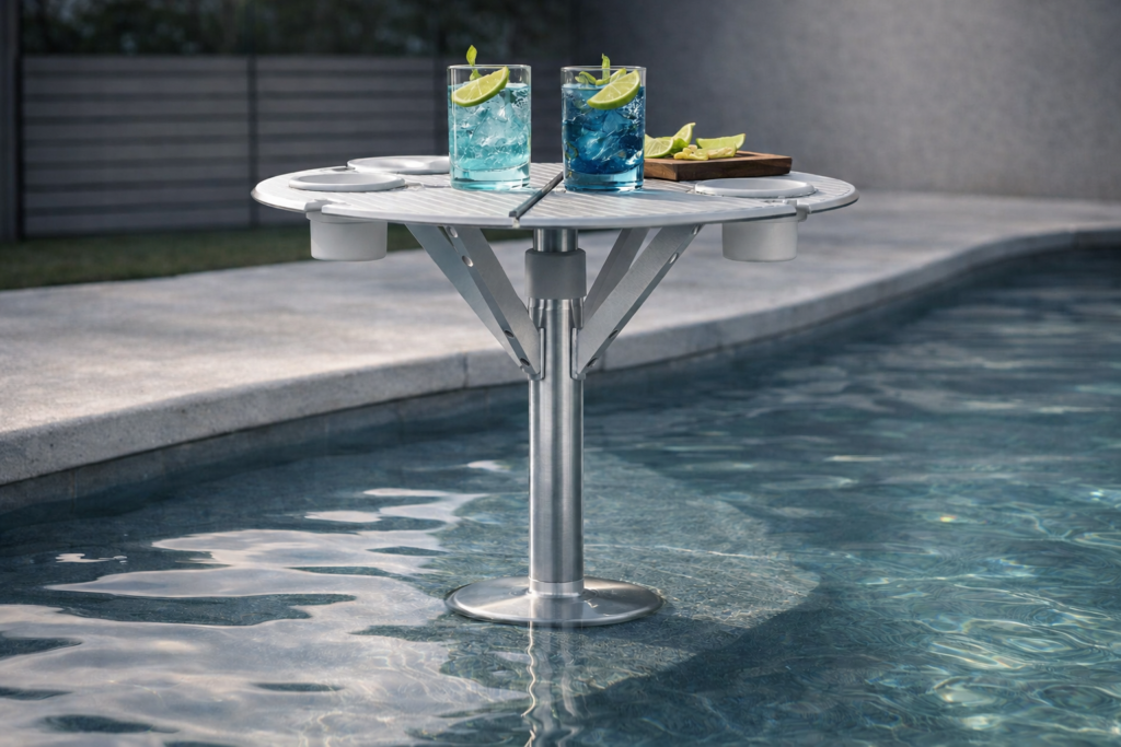 Close-up studio image of the BajaMate poolside umbrella table with brushed metal finish, four white cup holders, and a centered umbrella pole opening.