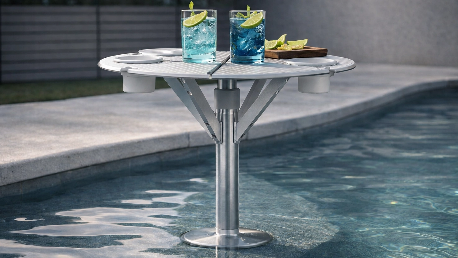 Close-up studio image of the BajaMate poolside umbrella table with brushed metal finish, four white cup holders, and a centered umbrella pole opening.