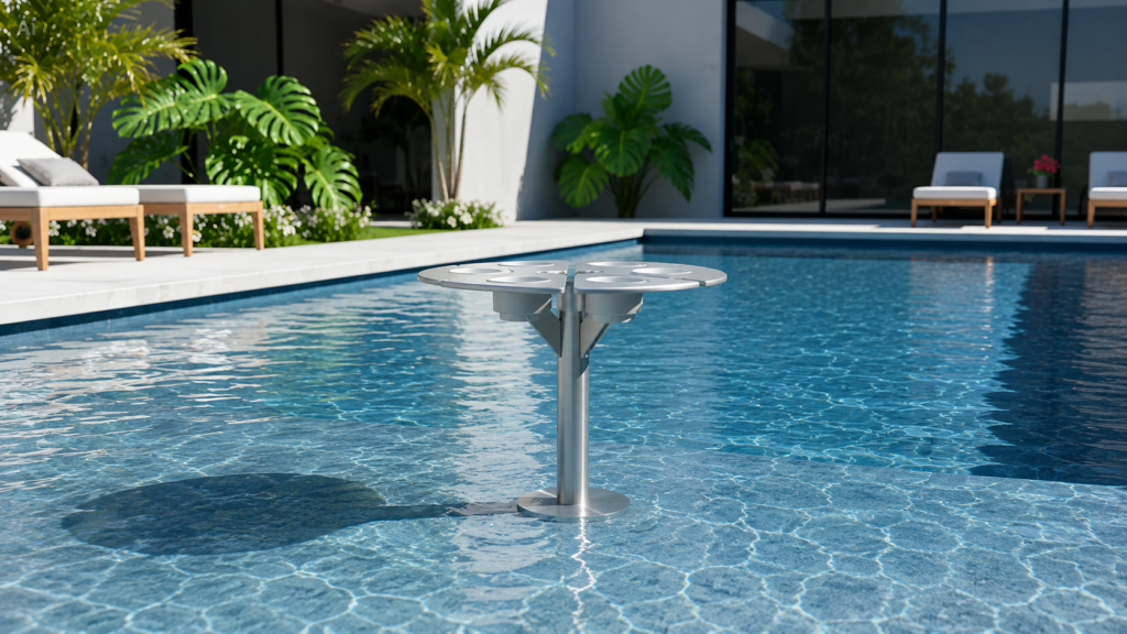 BajaMate stainless pool table system installed in a shallow baja shelf with luxury poolside seating and tropical landscaping.