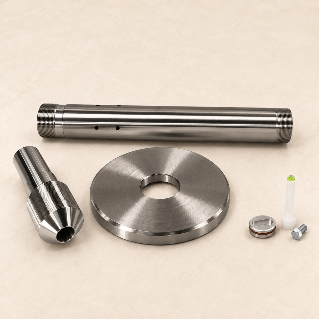 BajaMate stainless steel adapter components with base plate, umbrella reducer, bubble level, sleeve cap, and replacement bolt.
