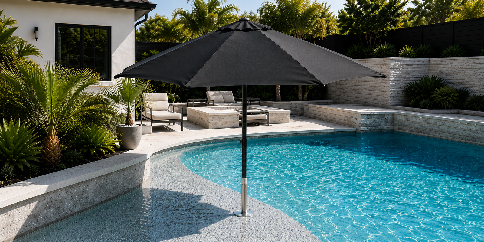 BajaMate black oversized pool umbrella mounted in a stainless steel Anchor Stabilizer on a Baja shelf