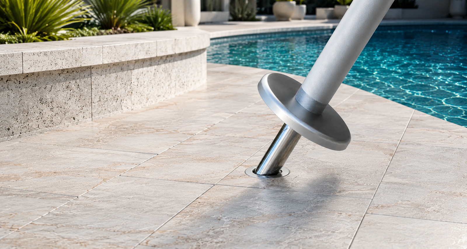 BajaMate stainless steel pool sleeve and umbrella anchor adapter installed beside a swimming pool