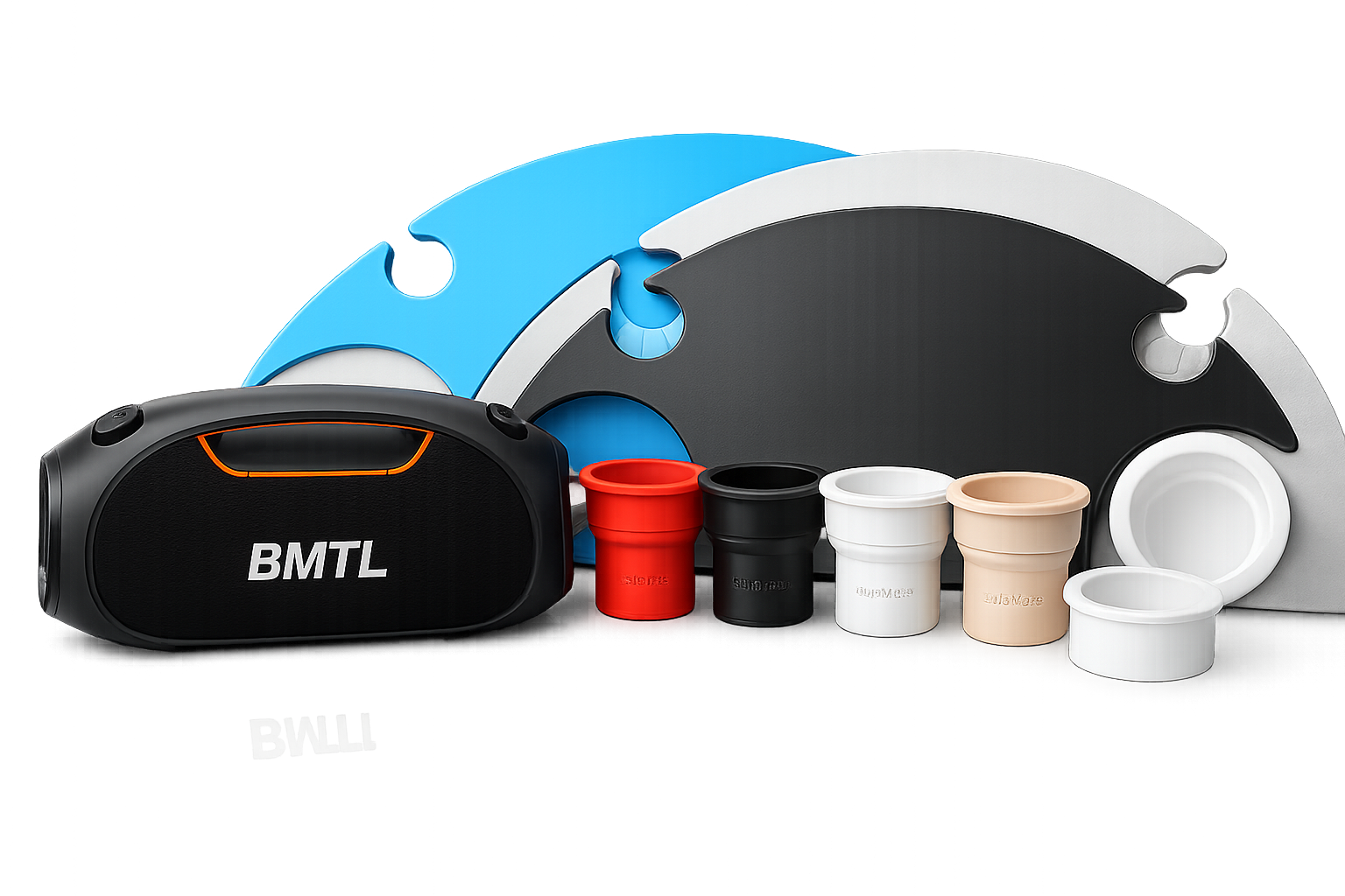 BajaMate poolside accessories including a Bluetooth speaker, silicone cup holders, and color-matched tabletop placemats.