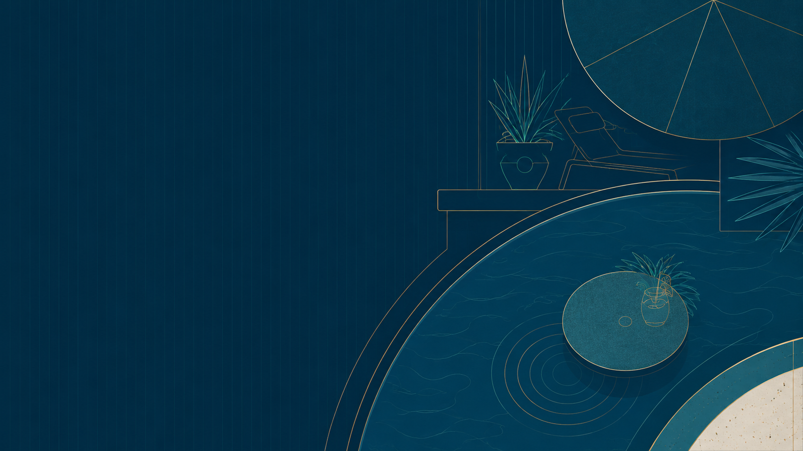 Abstract luxury poolside illustration with umbrella, lounge chair, pool, and BajaMate table in deep blue and gold tones