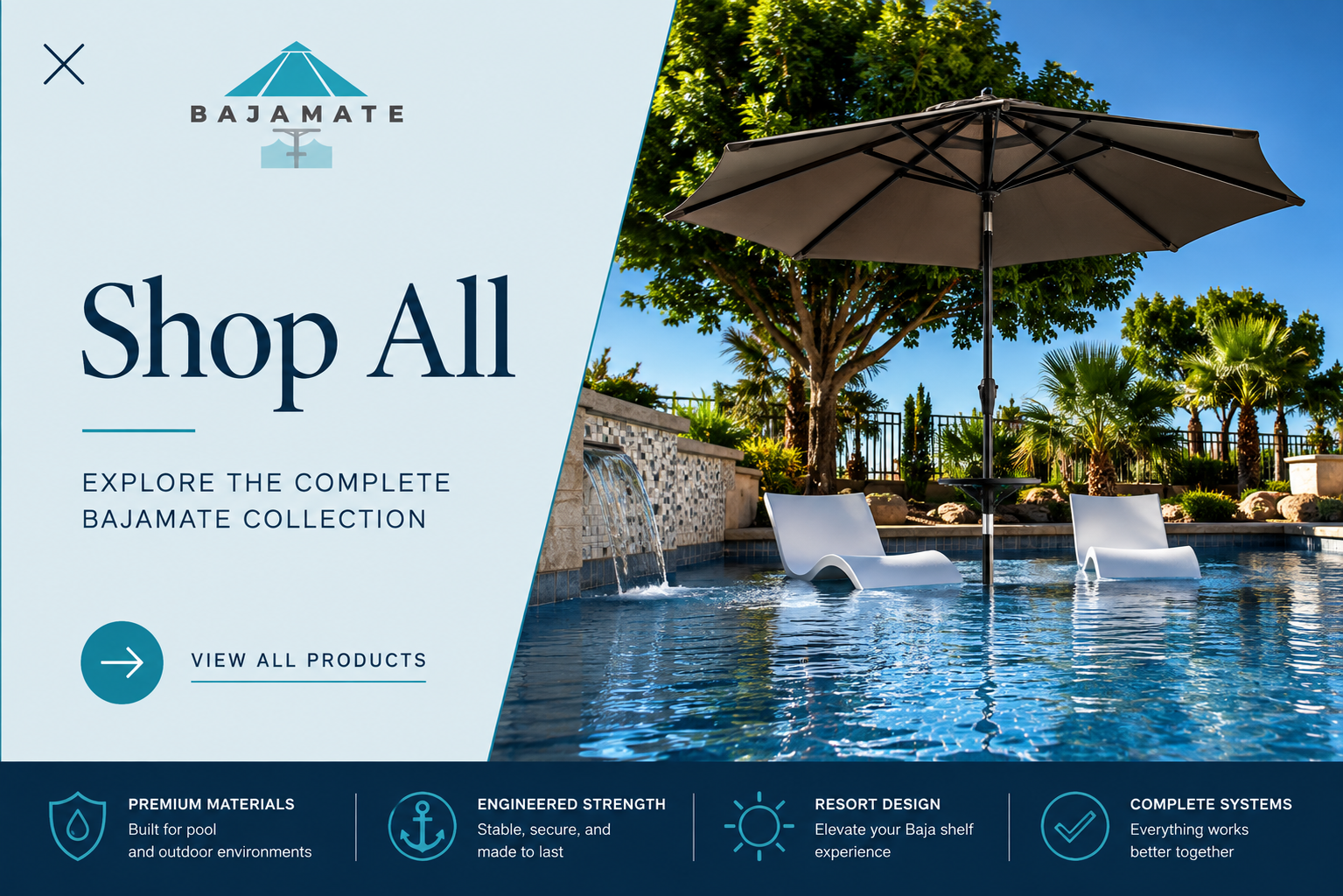 BajaMate Shop All menu featuring an oversized pool umbrella, in-pool table, Baja shelf lounge chairs, and premium poolside accessories.