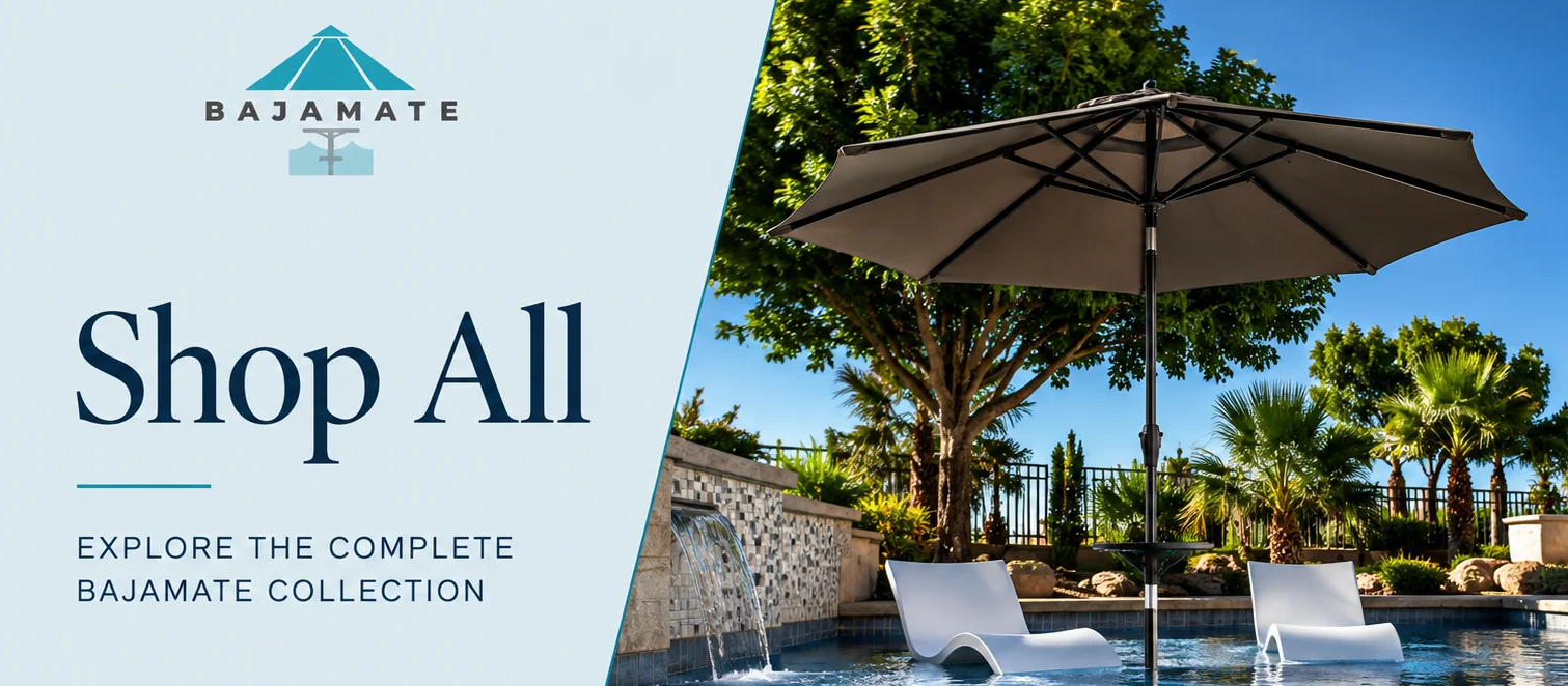 BajaMate Shop All collection featuring a pool umbrella, in-pool seating, and luxury Baja shelf accessories
