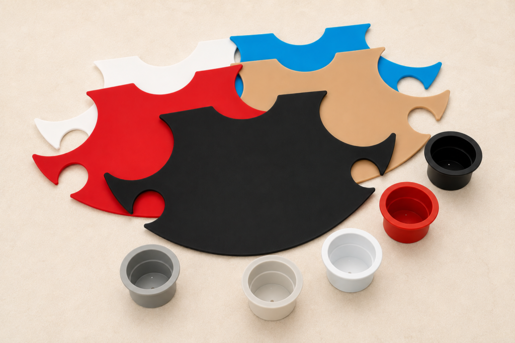 BajaMate silicone table placemats and removable cup holders in black, red, blue, tan, white, and gray.