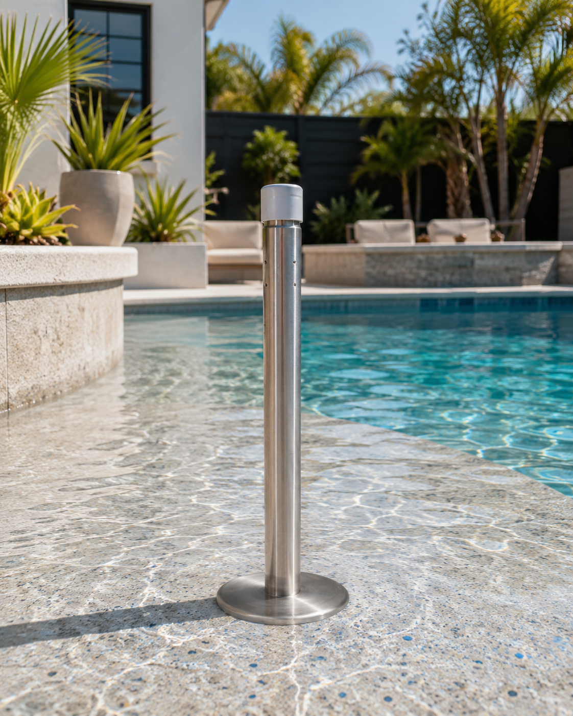 BajaMate stainless steel pool umbrella adapter installed in shallow water on a Baja shelf without a table or umbrella.