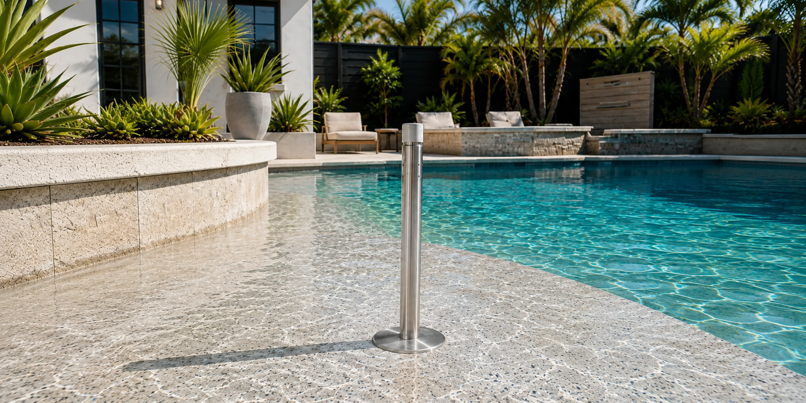 BajaMate stainless steel pool anchor stabilizer installed on a Baja shelf beside a luxury swimming pool