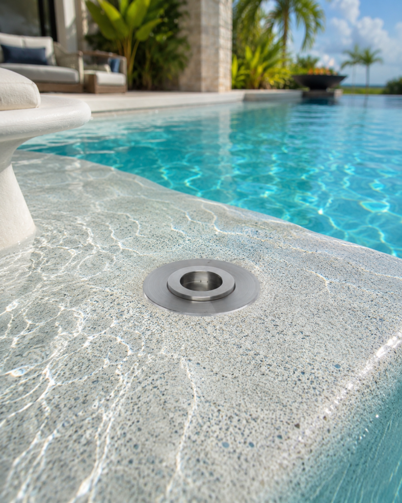 BajaMate stainless steel umbrella sleeve installed flush in a submerged pool Baja shelf
