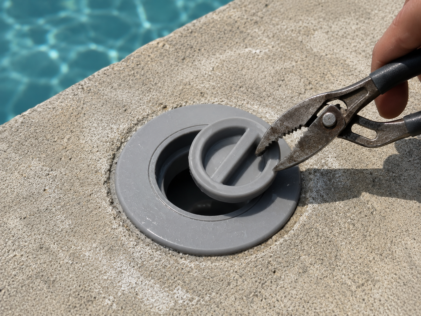 Removing the cap from a standard plastic pool umbrella sleeve before measuring the opening