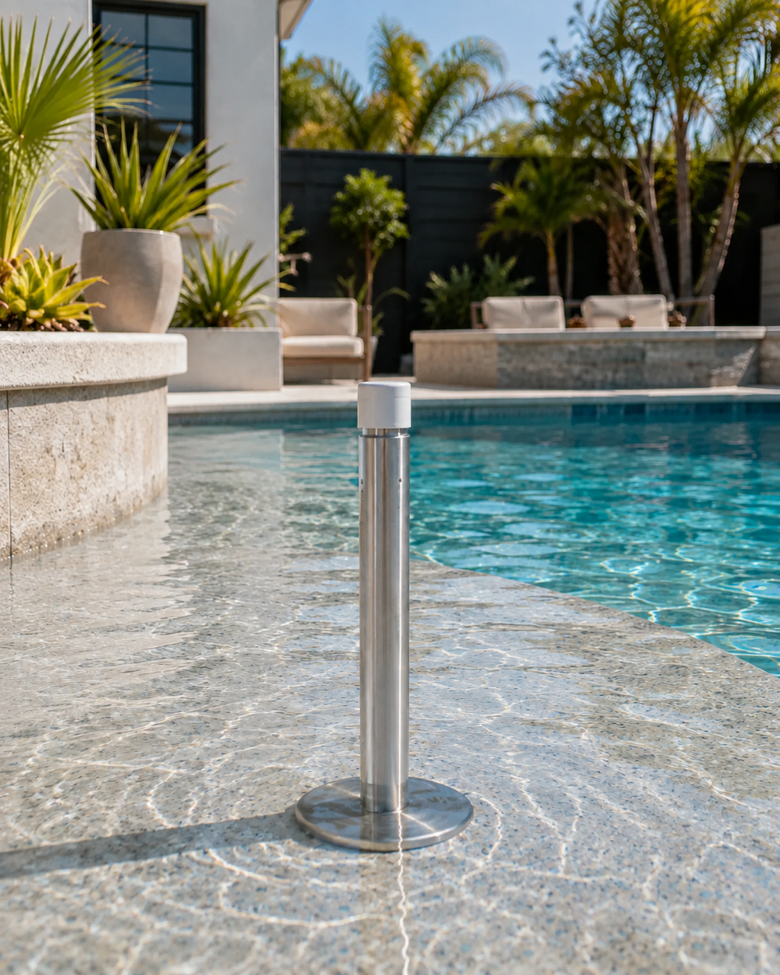 316 stainless steel pool umbrella adapter installed on a Baja shelf in shallow pool water