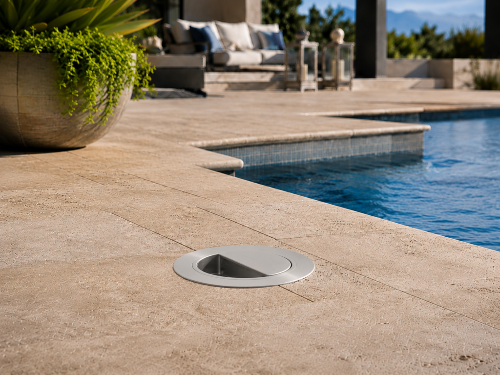 BajaMate aluminum deck sleeve with matching flush center cap installed in a luxury pool patio.