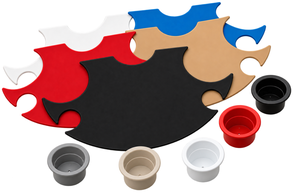 BajaMate Gather table color accessories with black, red, white, blue, and tan inserts plus matching cup holders.