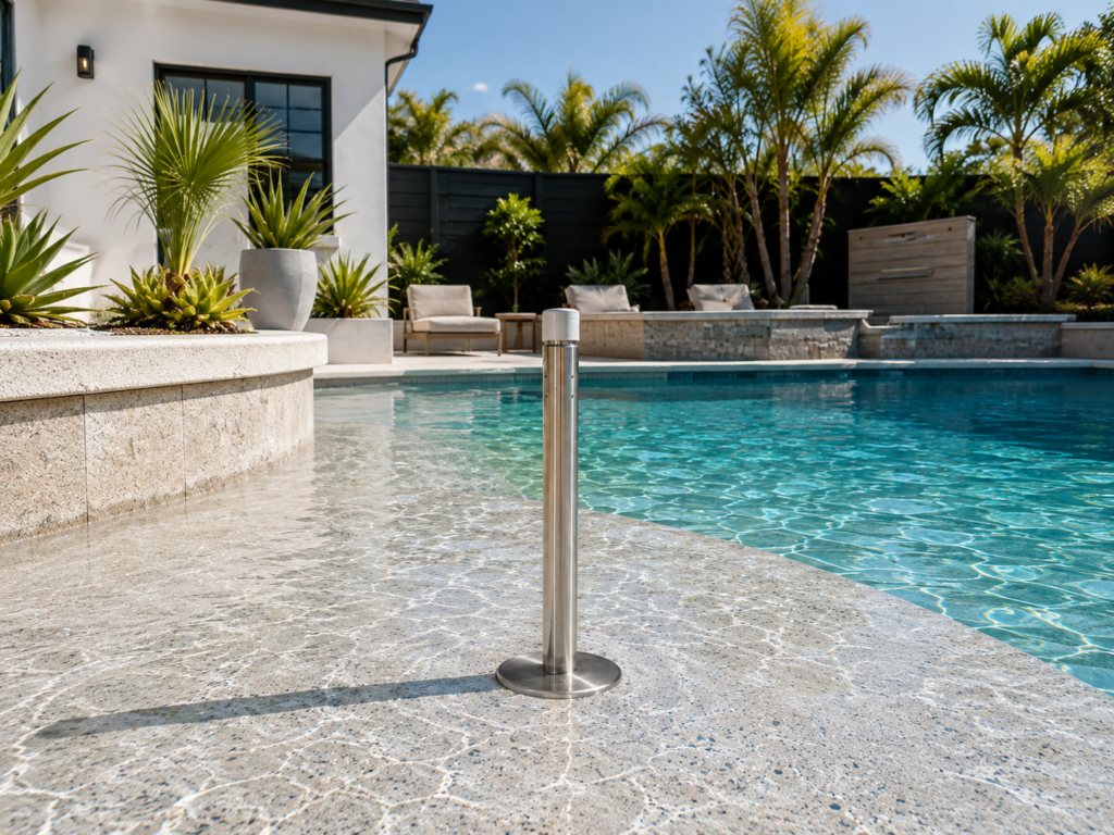 BajaMate stainless-steel pool sleeve installed on a shallow pool shelf beside a modern luxury swimming pool.