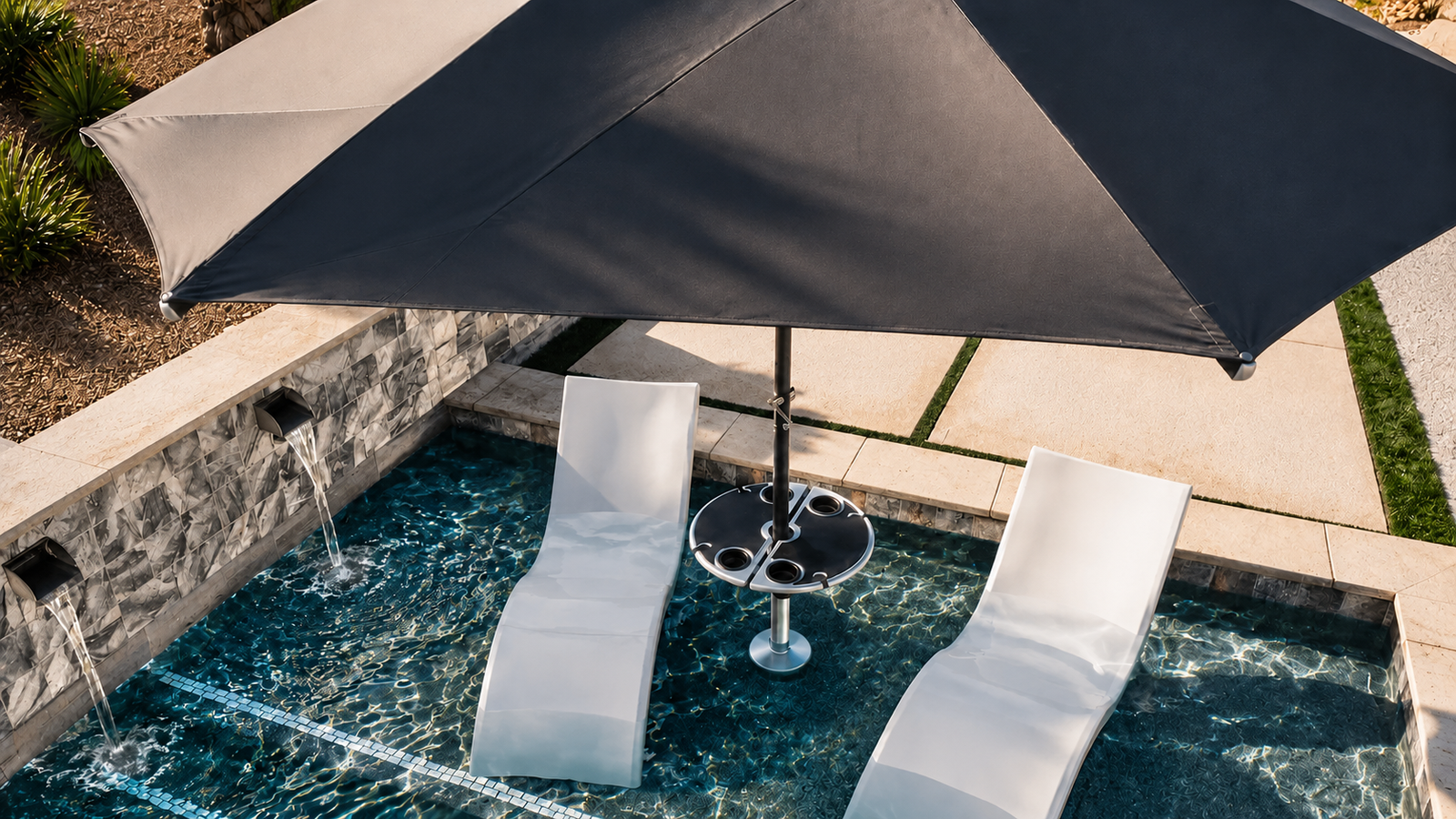 Black BajaMate umbrella and in-pool table between two white loungers on a luxury Baja shelf.