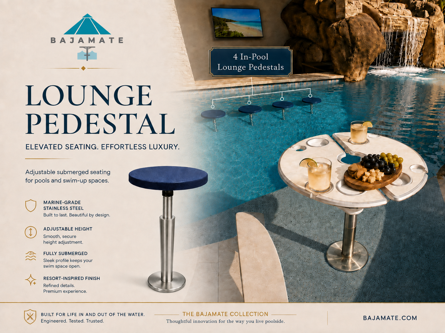 BajaMate adjustable stainless steel lounge pedestal installed beside a submerged pool table in a luxury indoor pool.