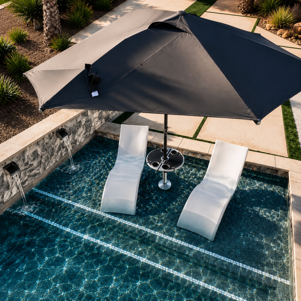 Black BajaMate umbrella and in-pool table between two white loungers on a luxury Baja shelf.