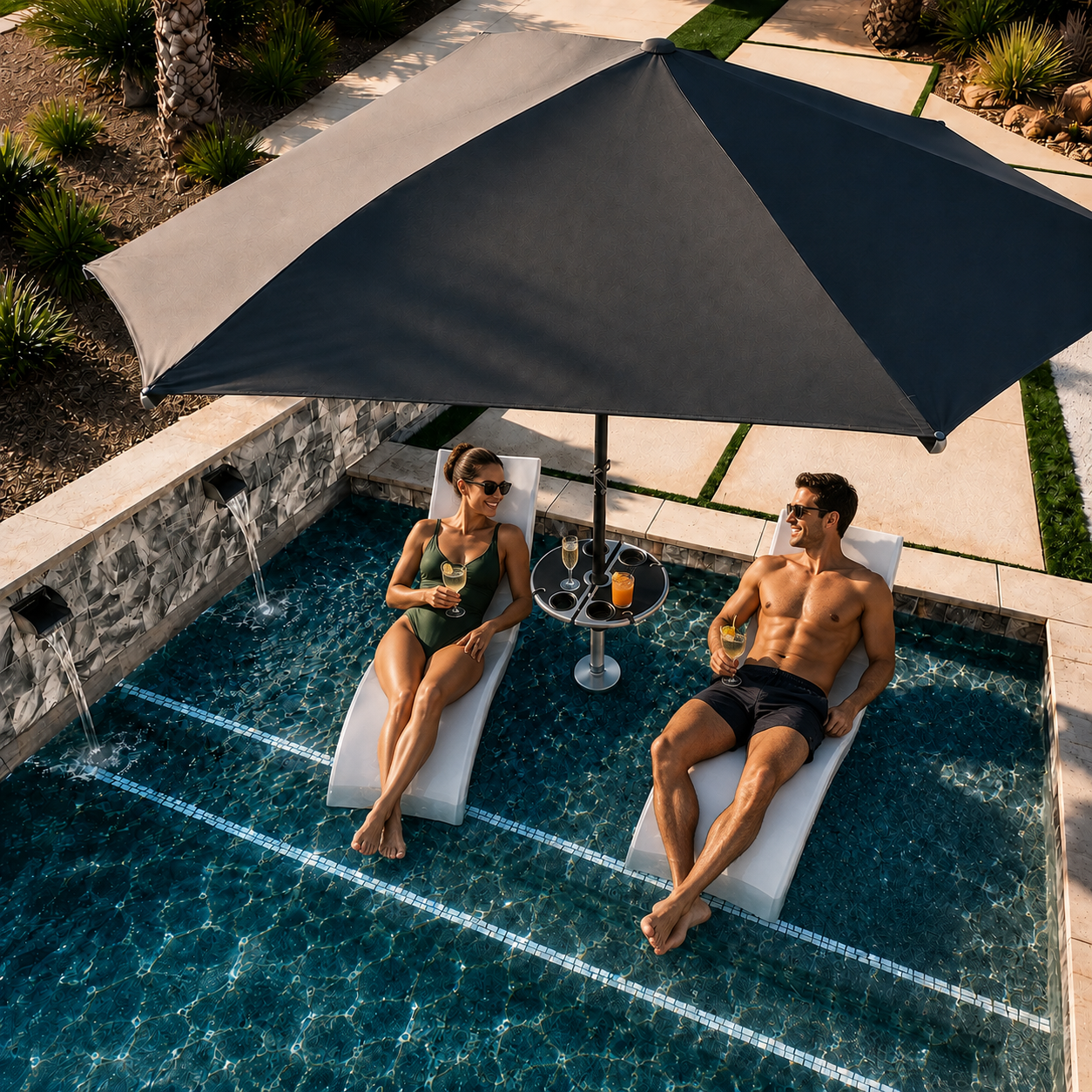 Luxury in-pool lounging scene with a large black umbrella, round drink table, two white chaise loungers, and a couple relaxing with drinks in a shallow modern pool.