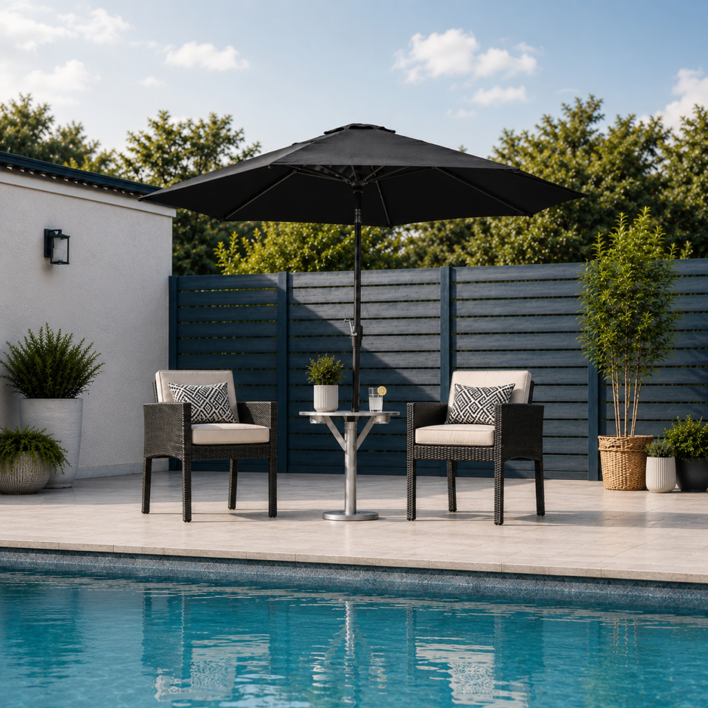 Black BajaMate umbrella and pedestal table between two patio chairs beside a modern swimming pool.