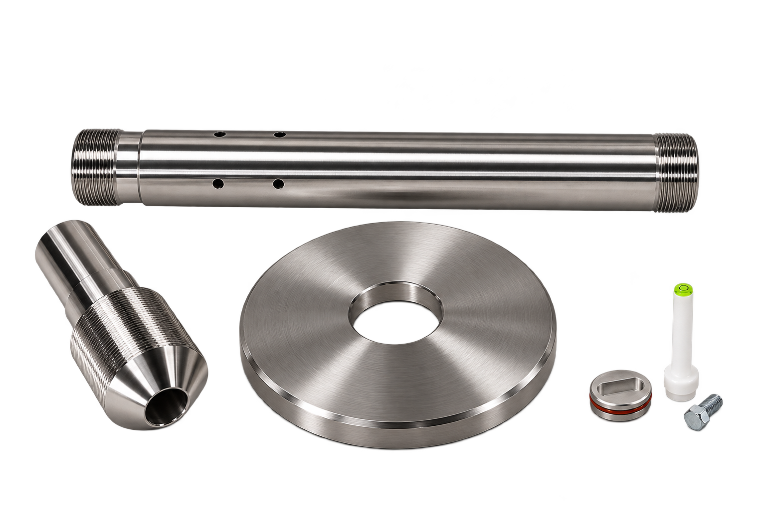 BajaMate stainless steel Anchor system components including adapter tube, mounting plate, fitting, level, plug, and hardware.