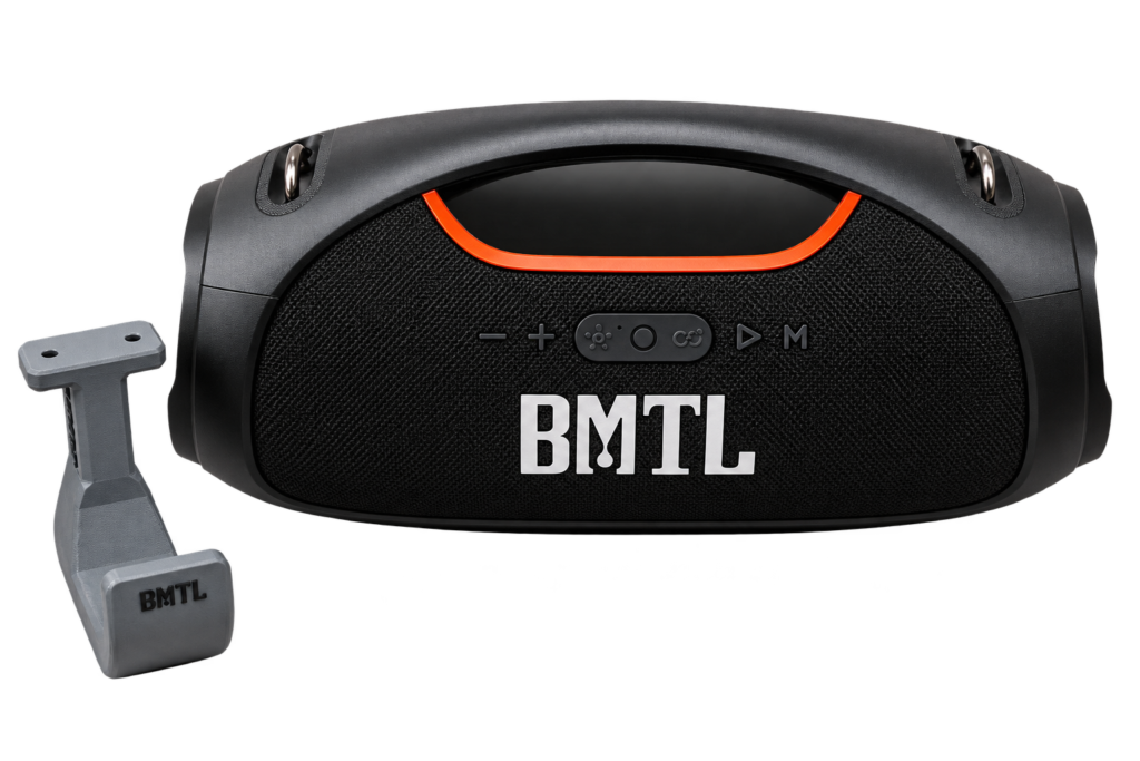 BajaMate waterproof Bluetooth speaker with mounting bracket for poolside and outdoor use.