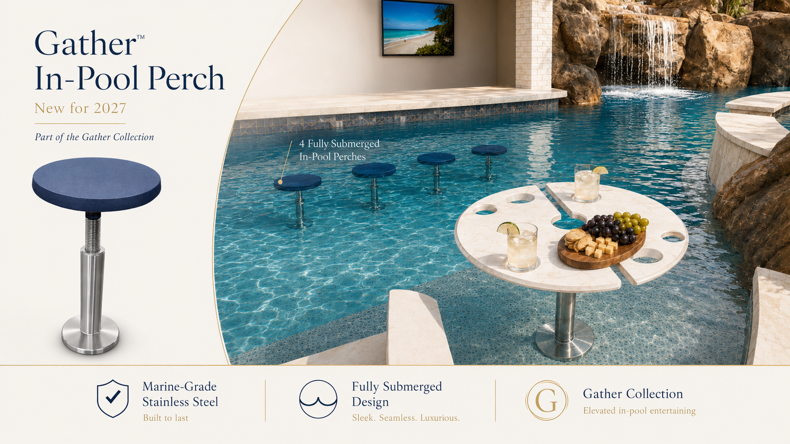 BajaMate Gather In-Pool Perches fully submerged beside an in-pool table in a luxury resort-style pool.